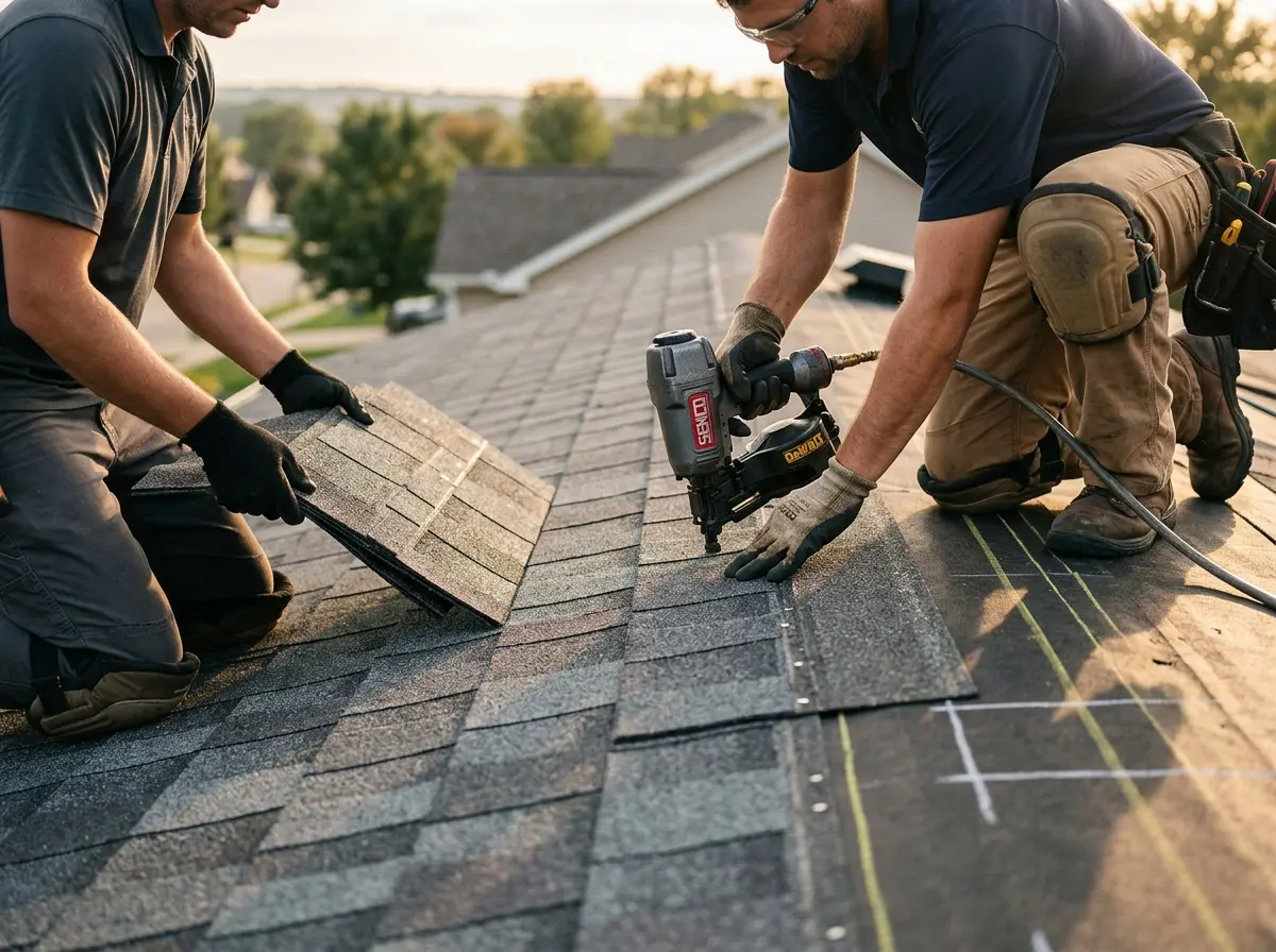 Professional roofer working on a residential roof in Pantops